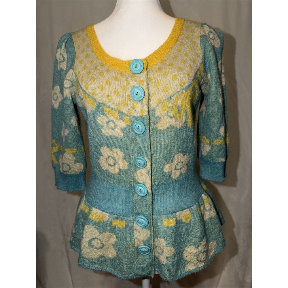 HWR Womens Small Print Cardigan Sweater Round Neck Lambswool Blend Buttons Top